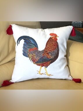 18x18 Embroidered Farmhouse Country Rooster Chicken Linen Blend Pillow Cover New